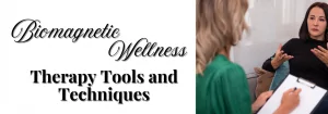 Therapy tools and techniques text next to an image of a therapist speaking to her client