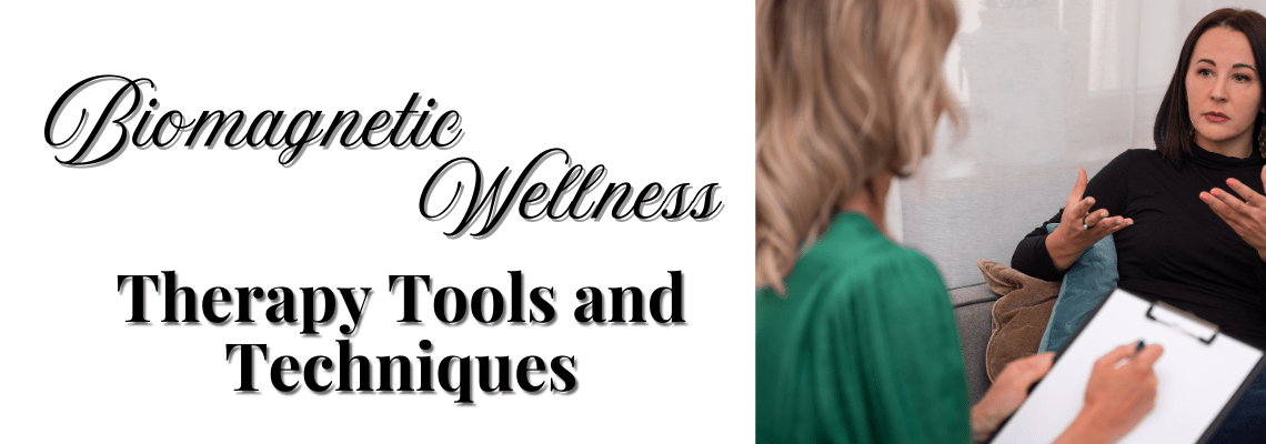 Therapy tools and techniques text next to an image of a therapist speaking to her client