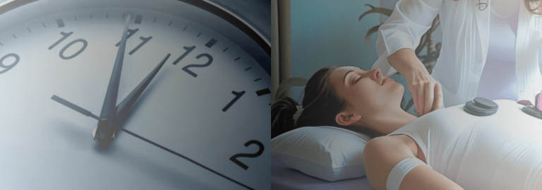 How long should you leave magnets on the body? time on the clock and woman receiving biomagnetic pair therapy