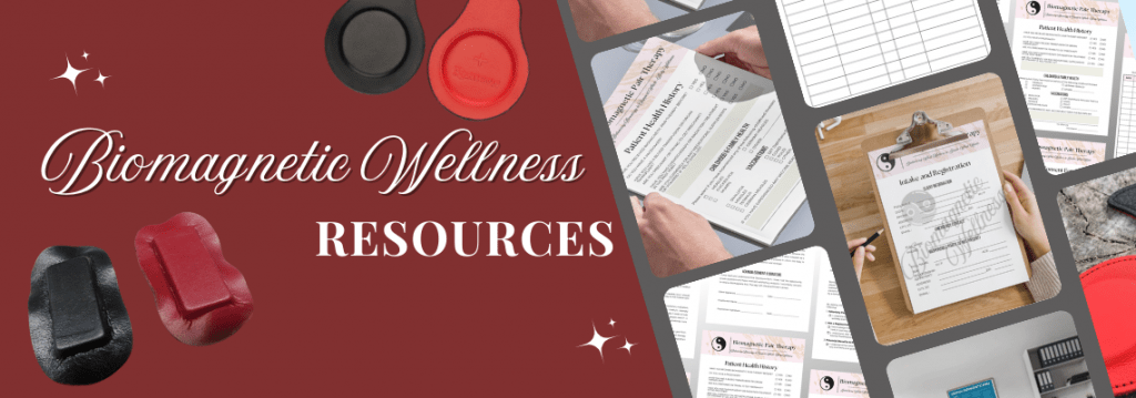 biomagnetic wellness resources text next to images of magnets and document templates